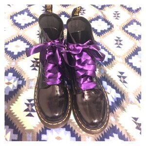Dr. Martens Black Patent Leather Boots with Purple Satin Laces